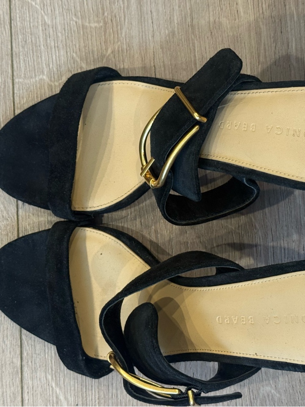 Veronica Beard Black Suede Gold Buckle Sandals